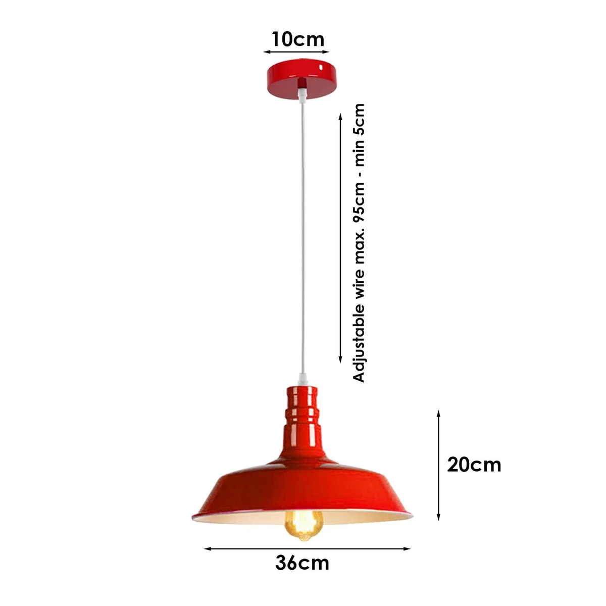 Red ceiling pendant light with angled metal base, PVC wire, 95cm length, 100mm ceiling plate, E27 socket