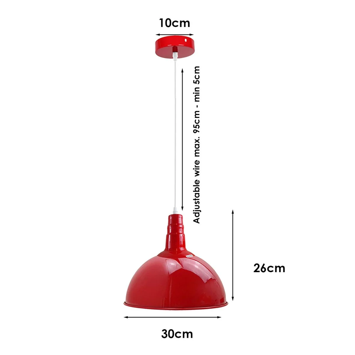 Red ceiling pendant light with angled metal base and hood, 1m wire, suitable for kitchen island