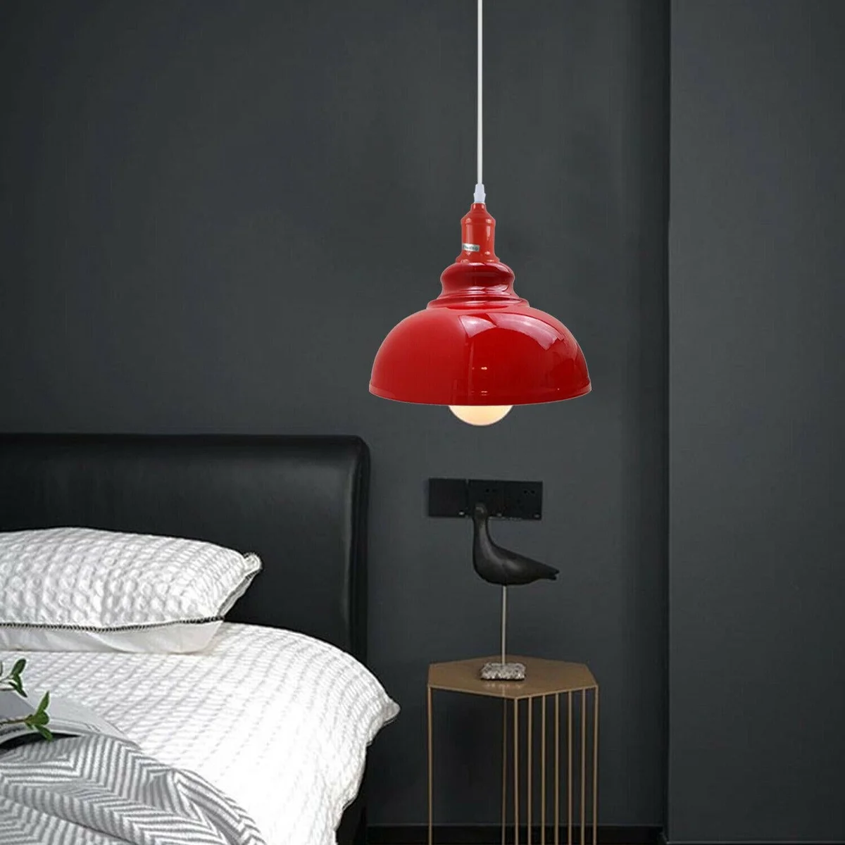 Red metal ceiling pendant light with angled hood, 100mm plate, E27 base, 95cm wire for kitchen island.