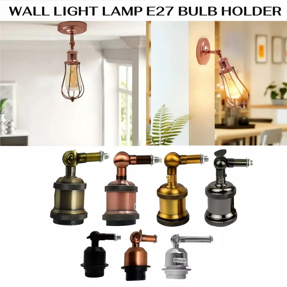 Metal wall-mounted E27 bulb holder with built-in switch, for indoor wall lighting fixtures.