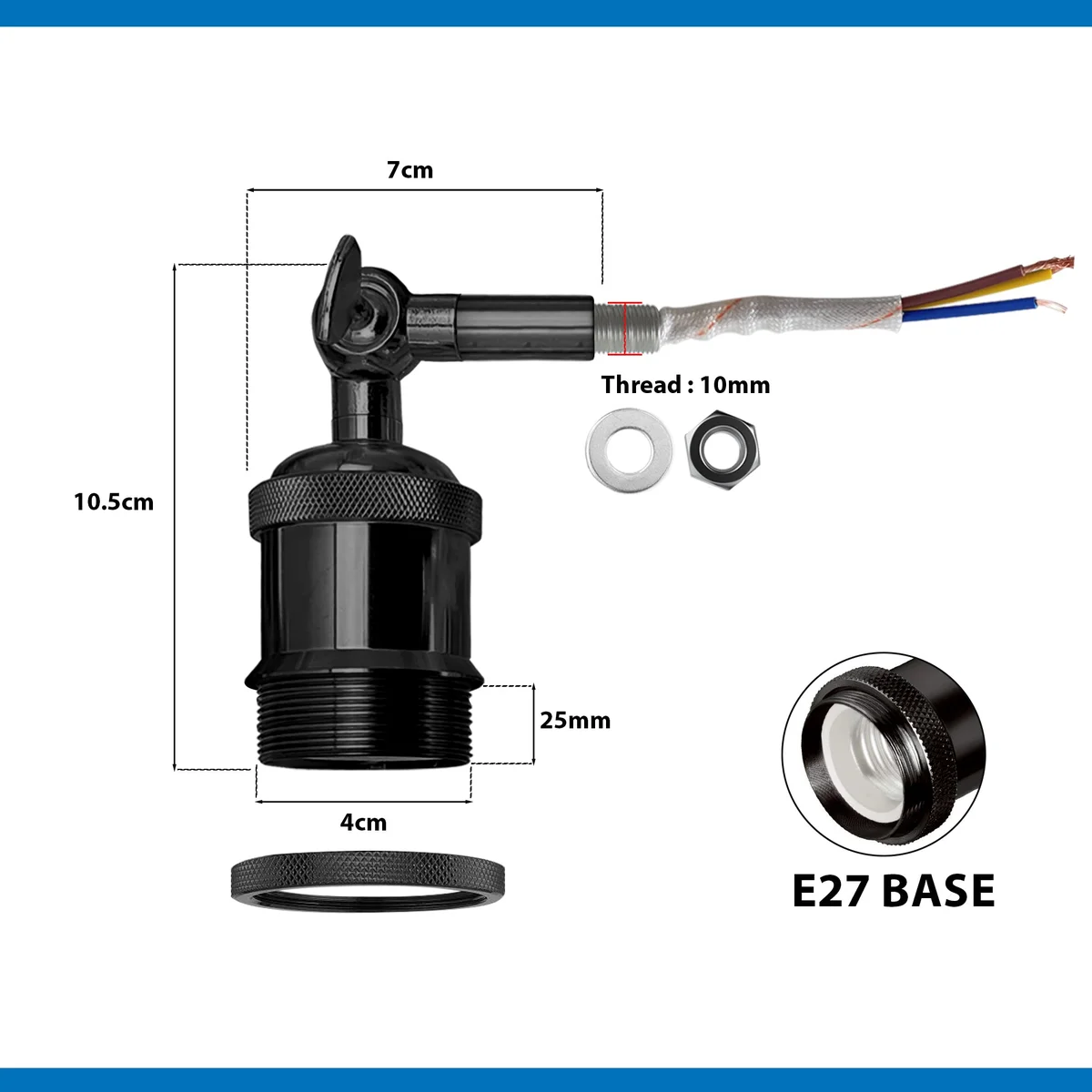 Metal hardwired wall lamp holder with adjustable switch for an E27 base, displayed on a dark wall.