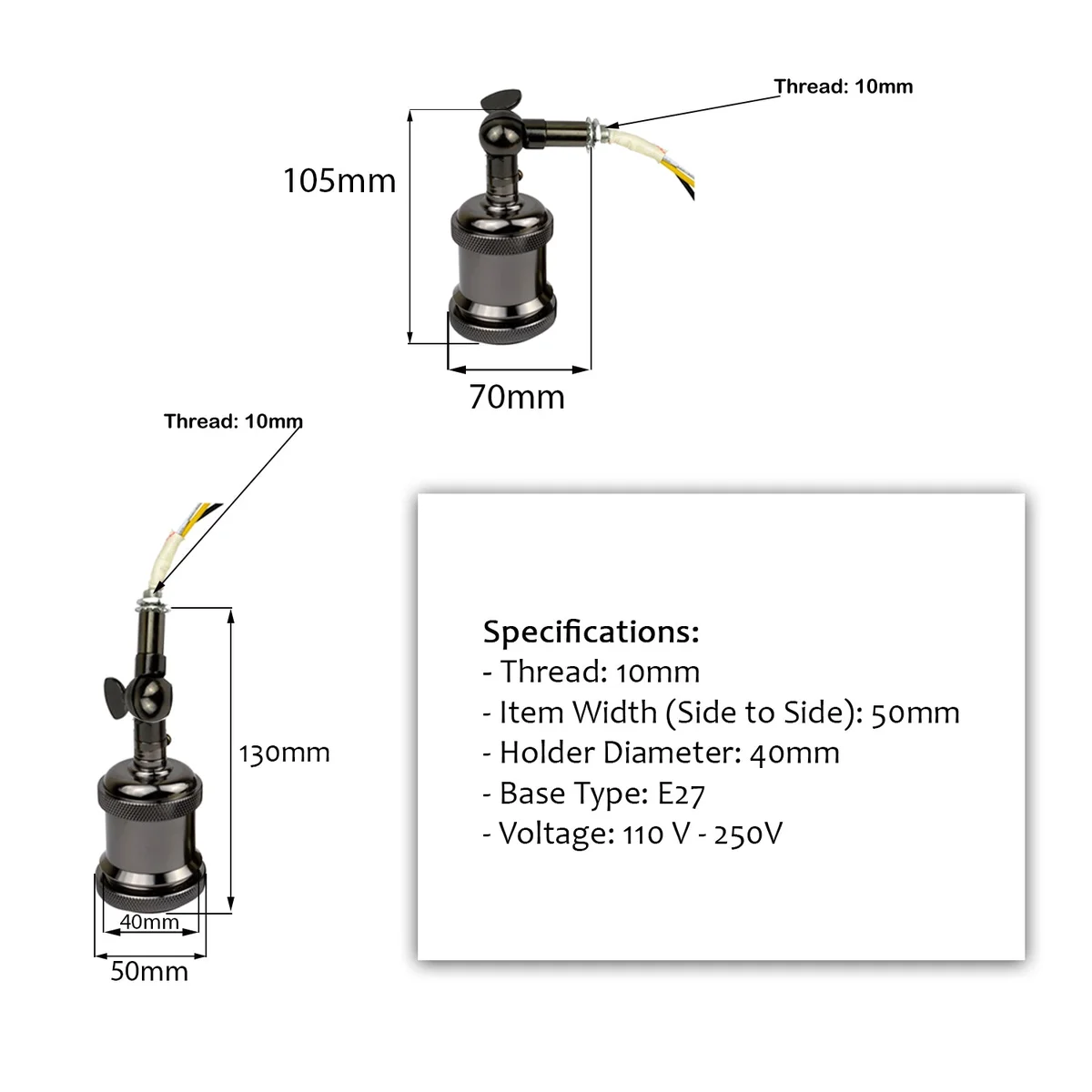 Metal wall light holder with adjustable switch and E27 bulb base.