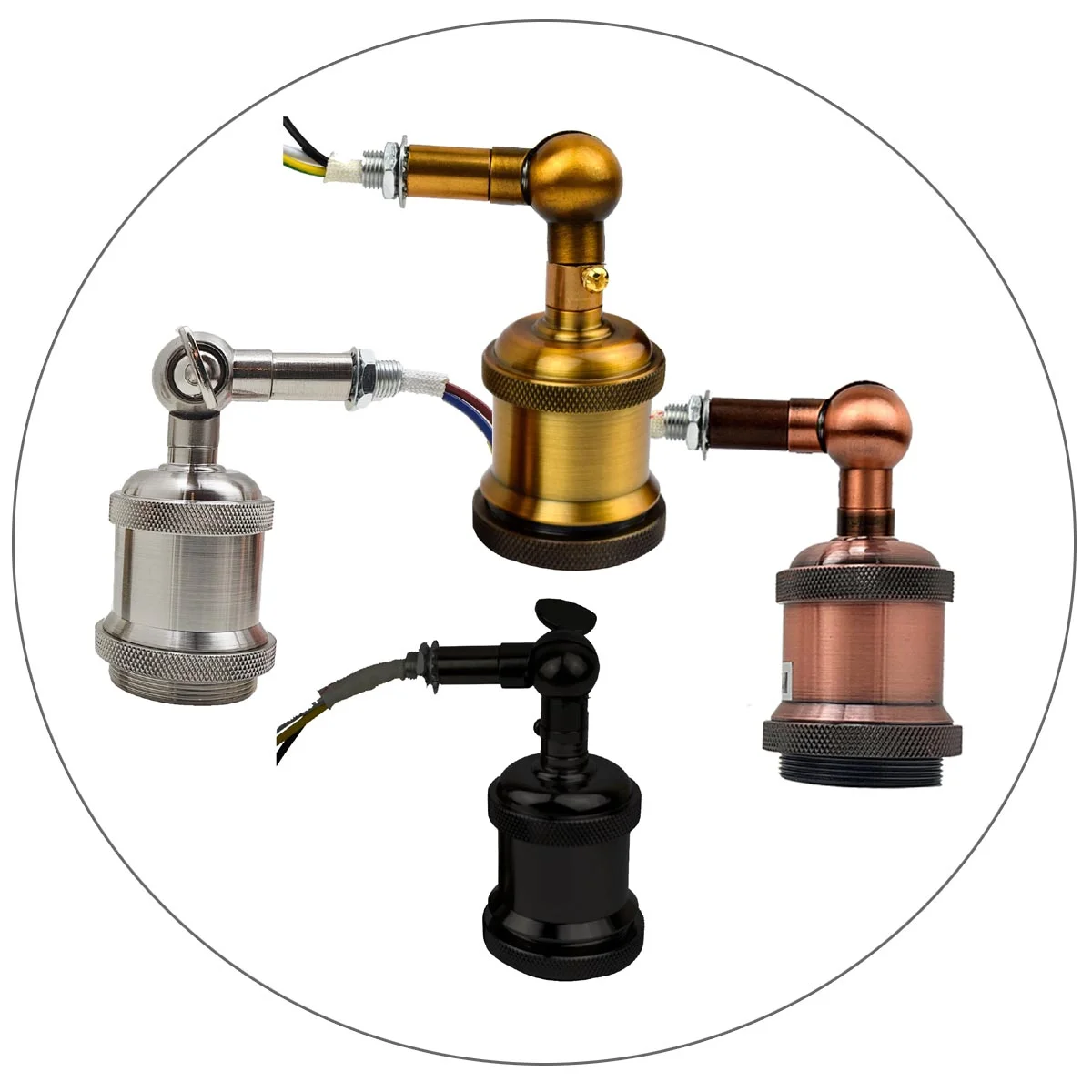 Metal wall light holder with adjustable switch, featuring E27 bulb base and hardwired design