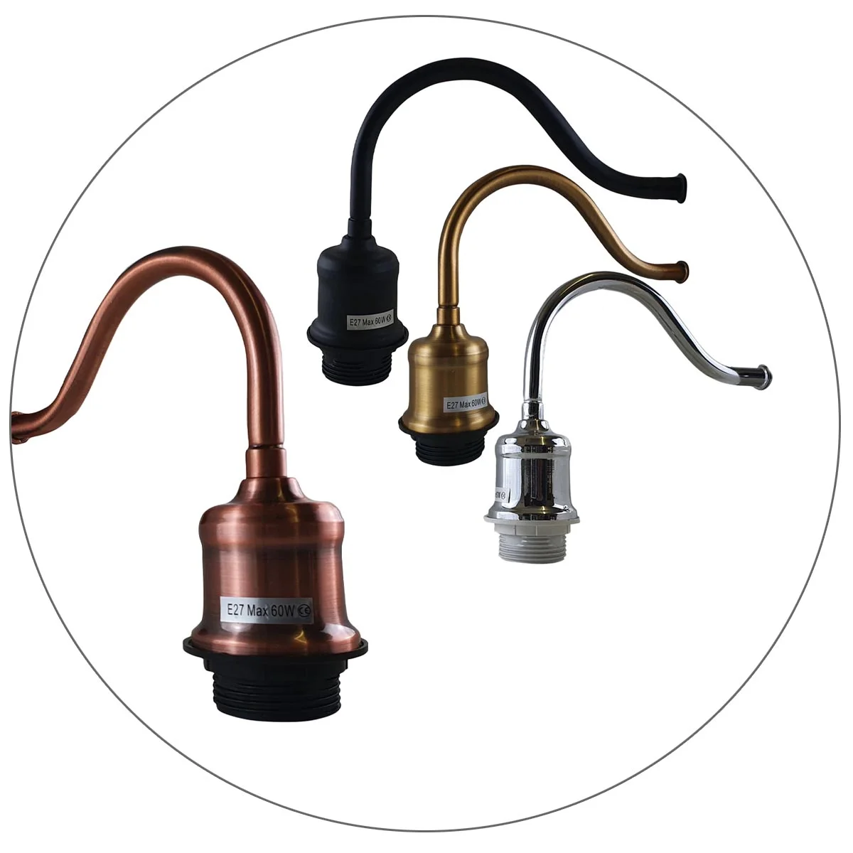 Retro wall light holder: metal swan‑neck lamp on wall with adjustable arm, available in black, copper, chrome