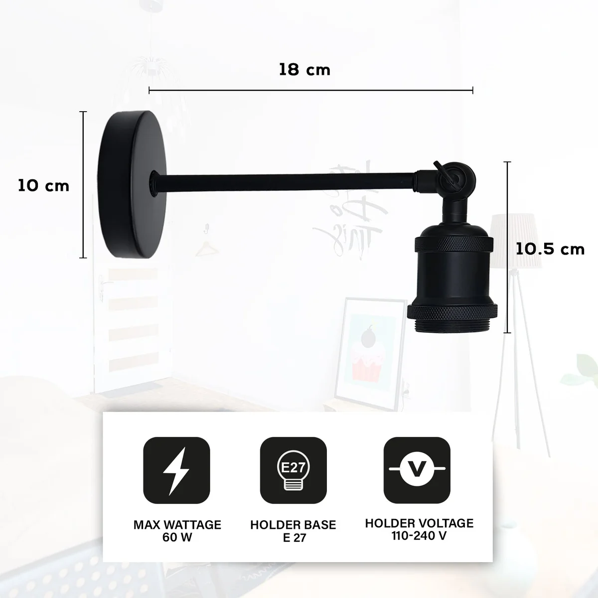 Black vintage industrial E27 wall light fitting with sleek metal body and exposed screw base.