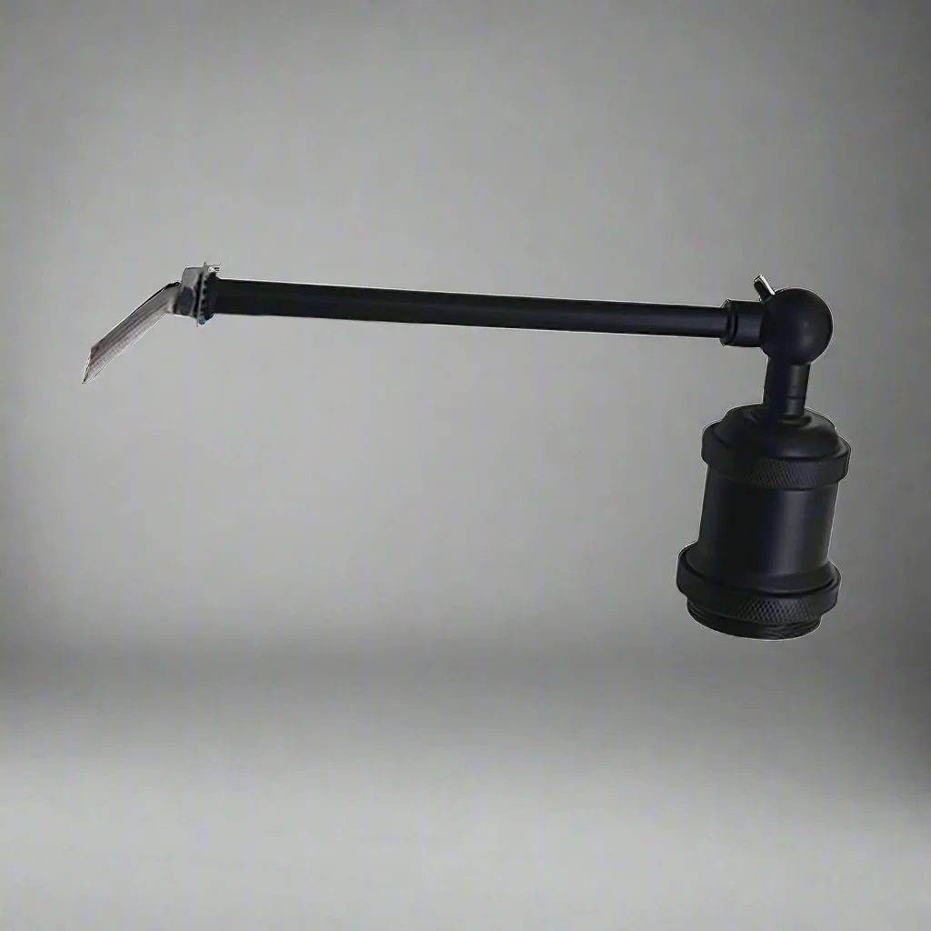 Vintage industrial metal sconce in black finish, featuring a slender metal frame and recessed E27 socket.