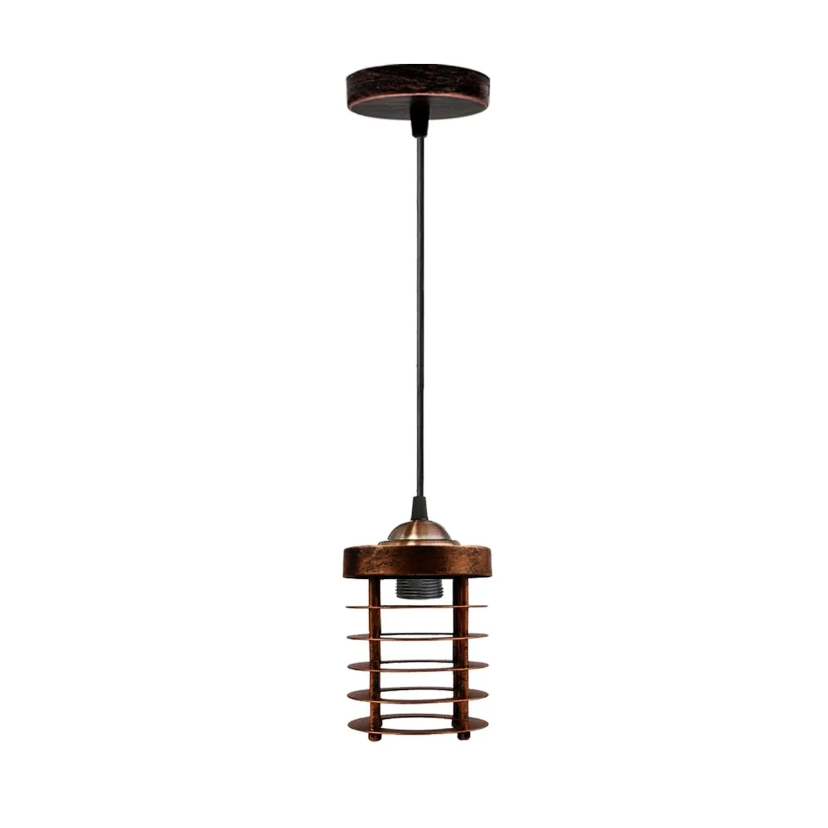 Black metal spiral cage industrial pendant light with antique hand‑painted finish hanging from ceiling.
