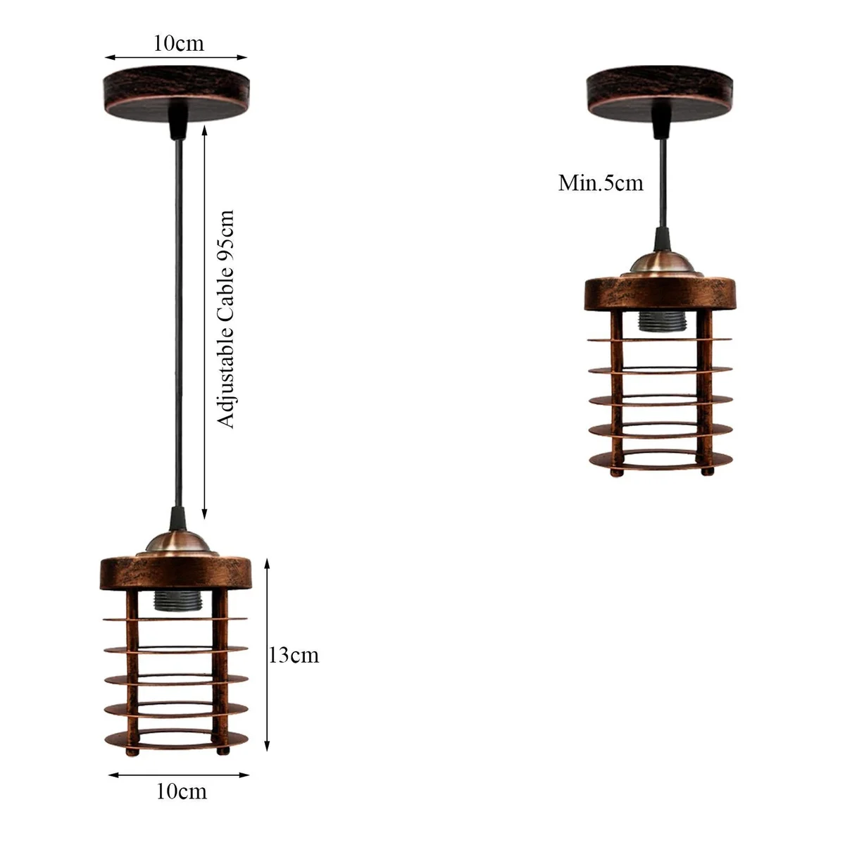 Retro hanging light: black metal spiral cage with adjustable holder, hanging from ceiling.