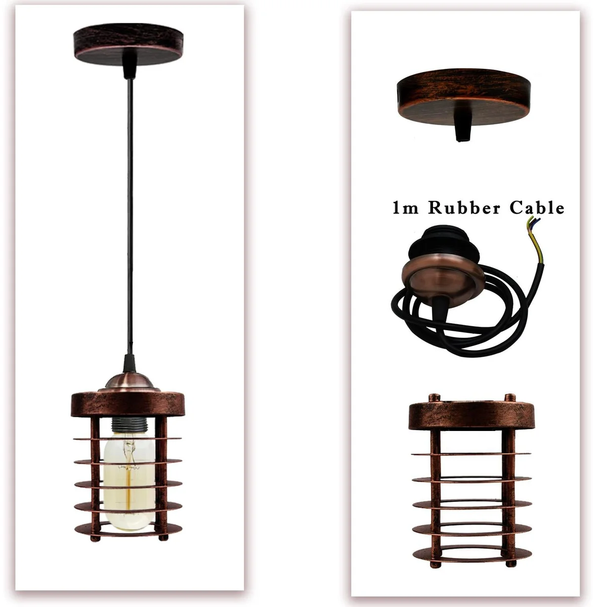 Black antique-hand-painted metal cage pendant with spiral shade suspended from a 10cm ceiling rose.