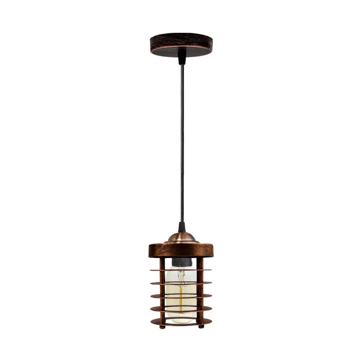 Spiral cage light hanging from ceiling: black metal cage with antique hand‑painted finish, red or brushed copper, 10 cm base.
