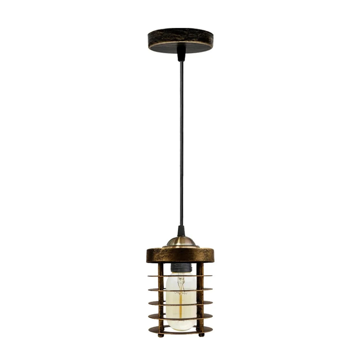 Metal black painted spiral cage industrial pendant light hanging from ceiling in rustic setting, 95cm length.