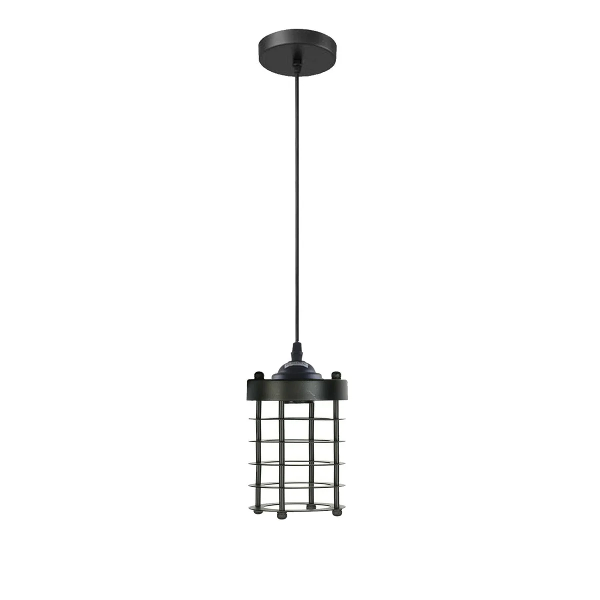 Black metal spiral cage artistic industrial pendant light on adjustable 95 cm hanging arm.