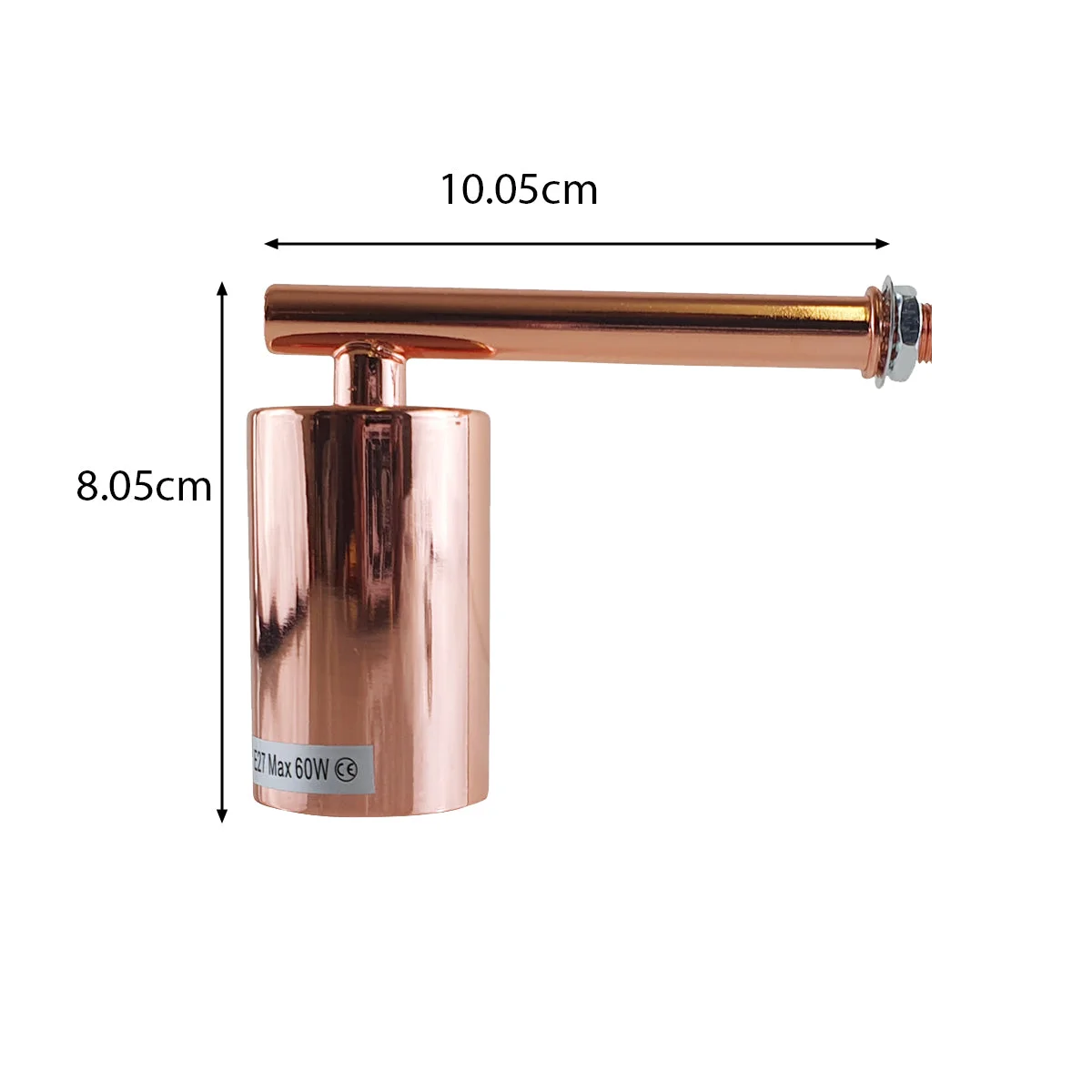 Short‑arm modern wall sconce in chrome, metal arm, 105 mm width, white interior hood for E27 lamp.