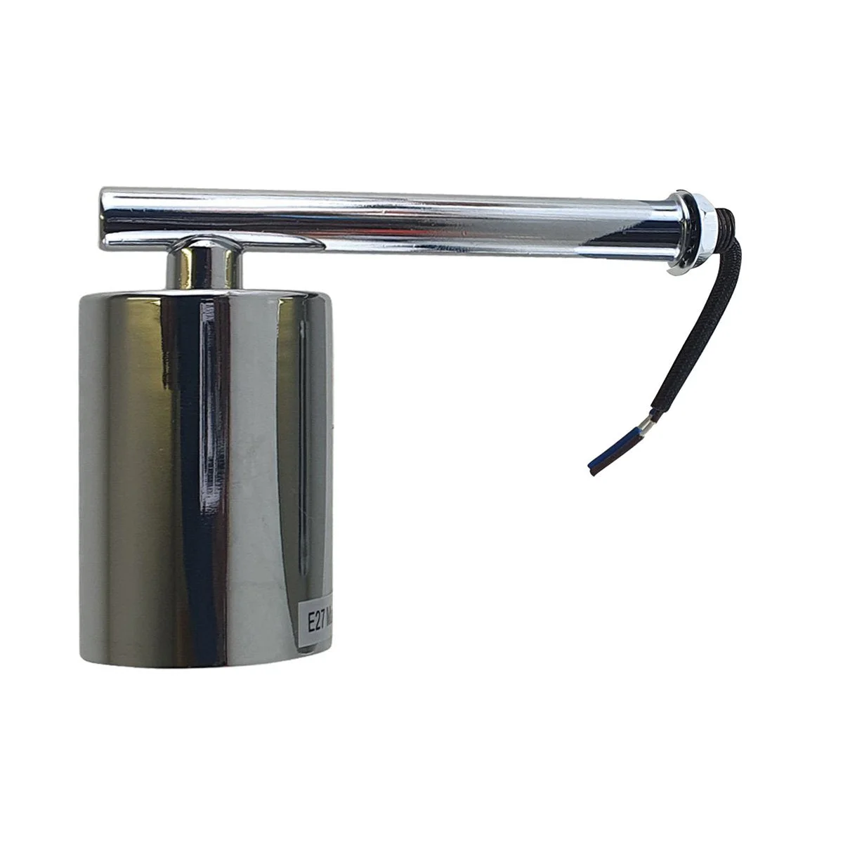 chrome wall light: 10.5cm metal arm, white hood interior, E27 base, minimalist design.