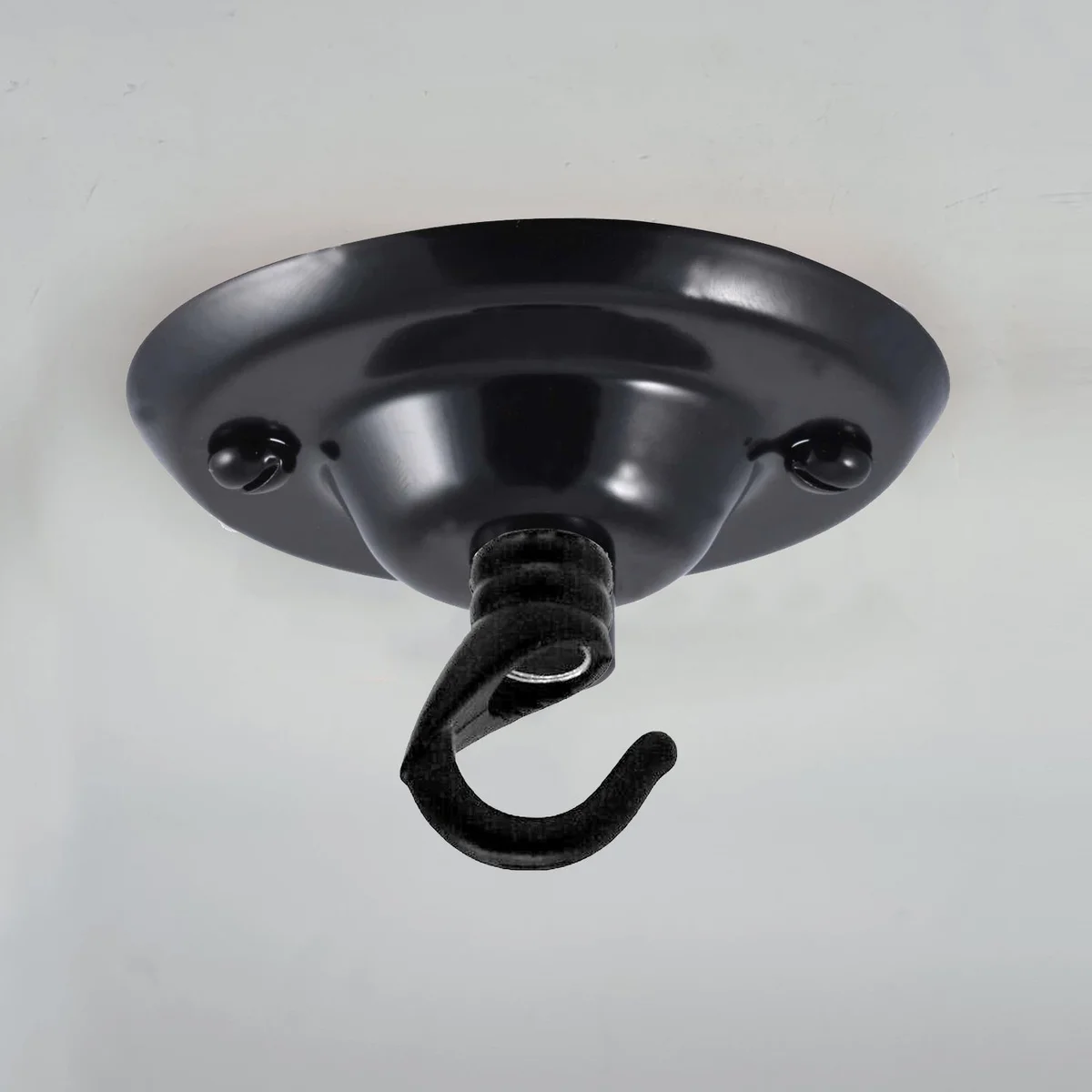 Front fitting ceiling hook with 75mm smooth metal round, single point outlet and hook, accompanied by screws.