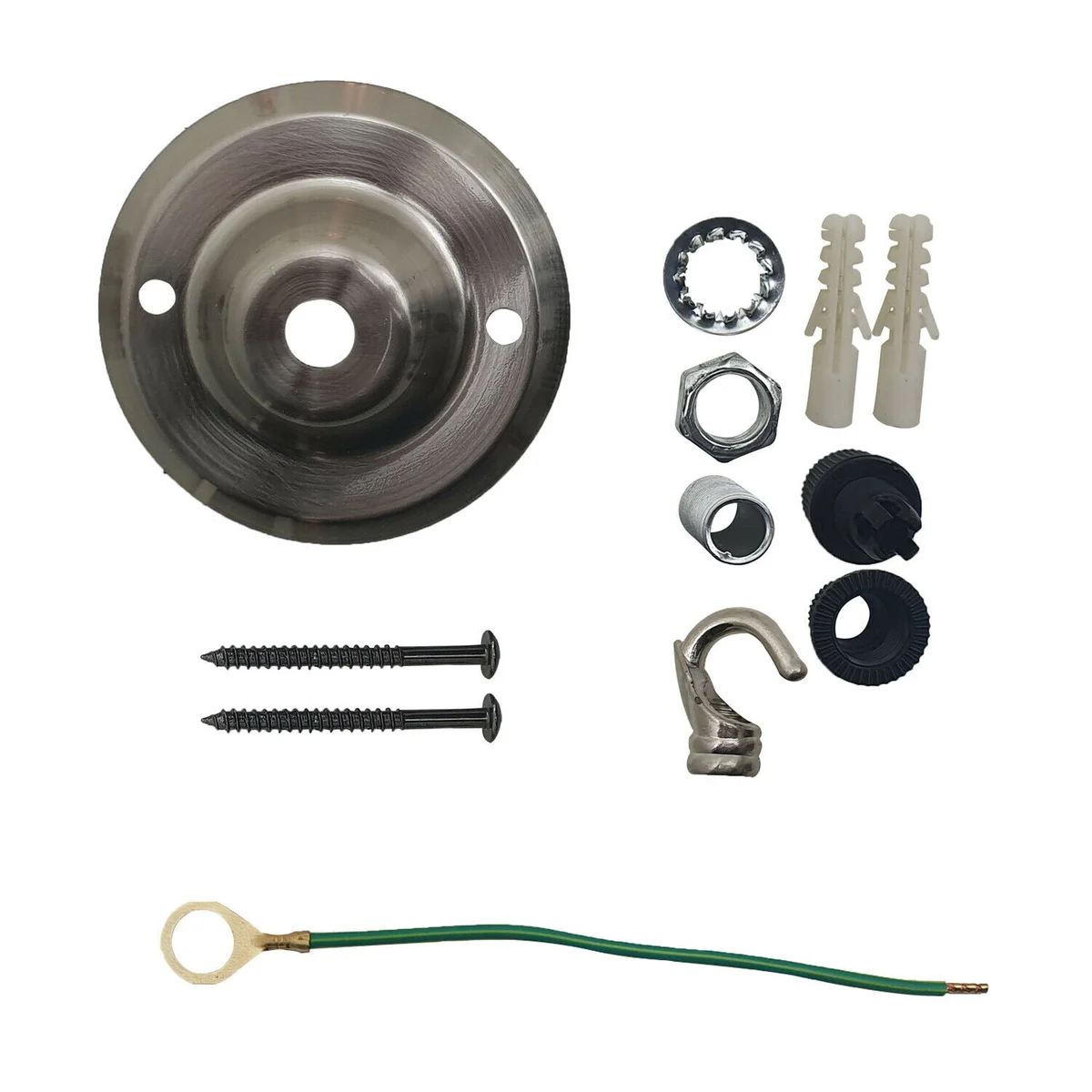 vintage industrial ceiling hook with flat metal finish, 75mm diameter, single outlet, attached to ceiling by screws