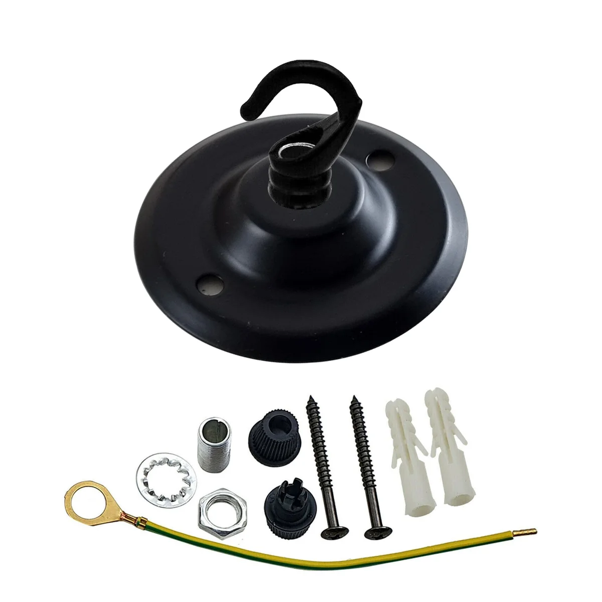 75mm metal ceiling hook with outlet, smooth finish, single point socket, includes screws