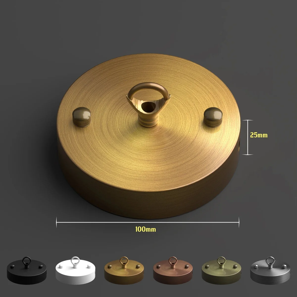 Front fitting ceiling hook in sleek metal, 10cm diameter, with hook ring and included screws for light assemblies