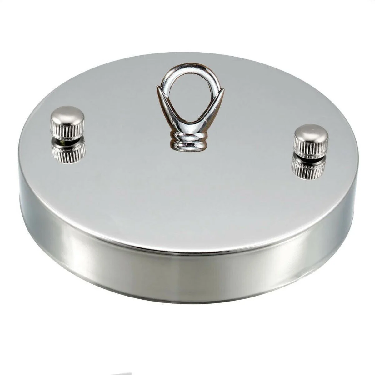 Metal ceiling rose hook with 100mm front fitting, round base and hook ring, screws included.