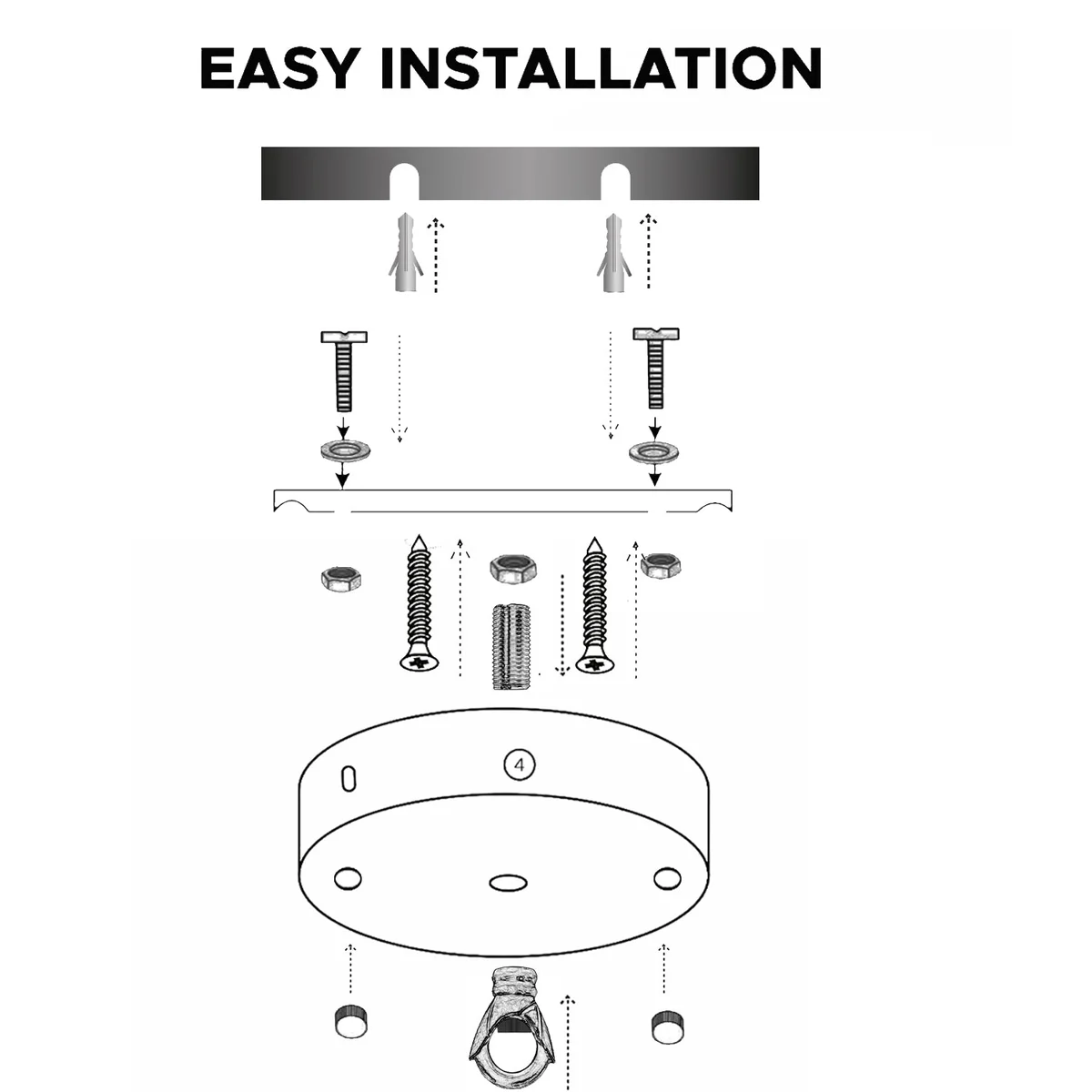 Front fitting ceiling hook in smooth metal with ring, 10cm diameter, shown with matching screws.