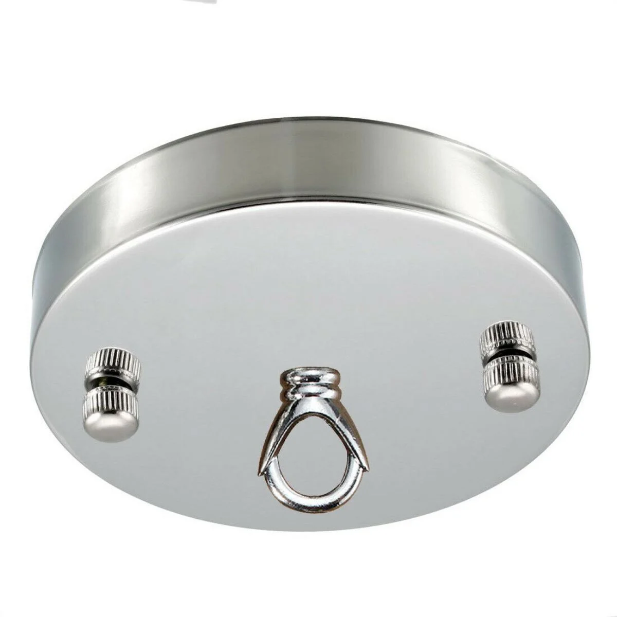 New 100mm front fitting ceiling hook with metal hook ring, 10cm diameter, smooth metal finish, packaging shown with screws.