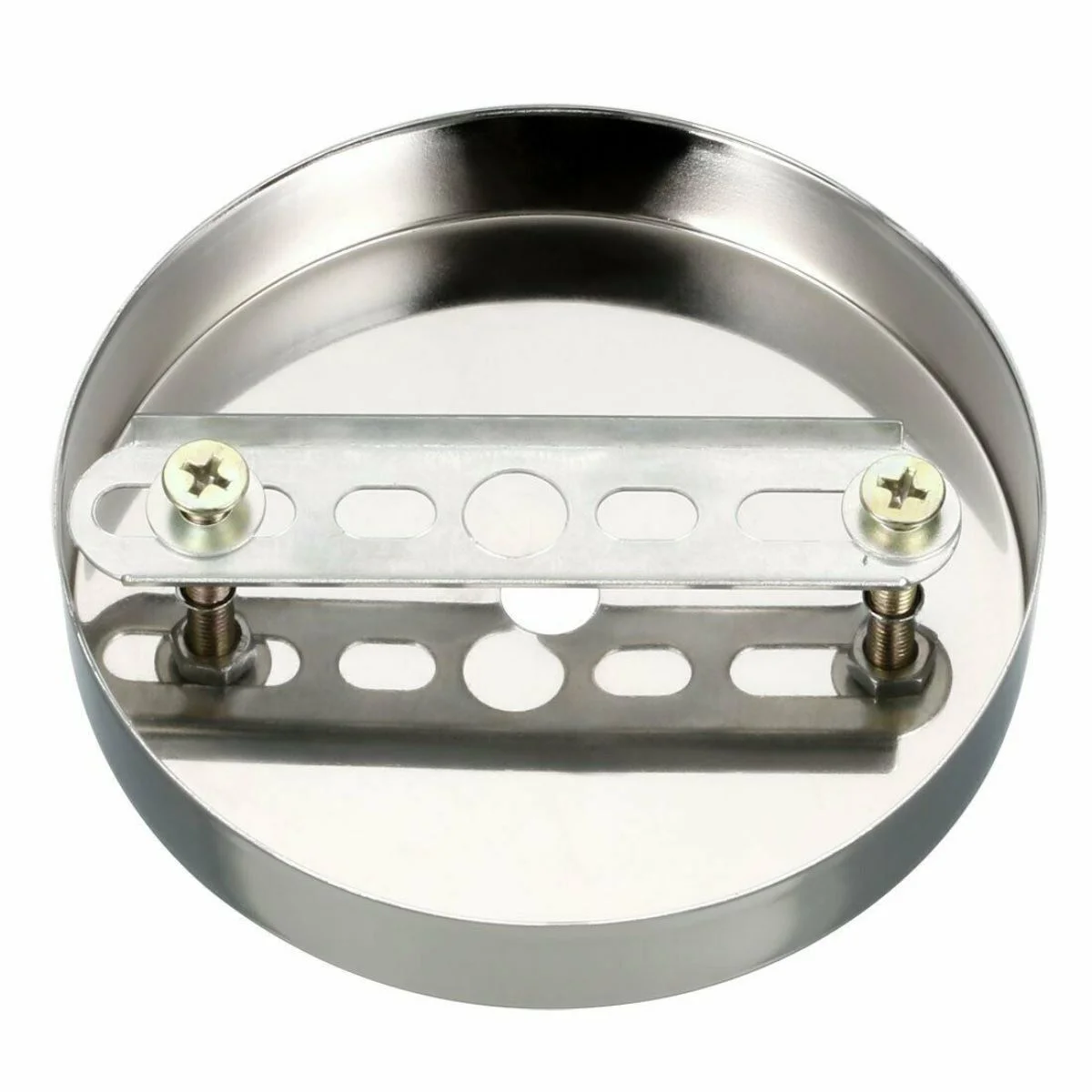 Front fitting ceiling hook 100mm metal ceiling rose with hook ring and matching screws, single point outlet, smooth finish.