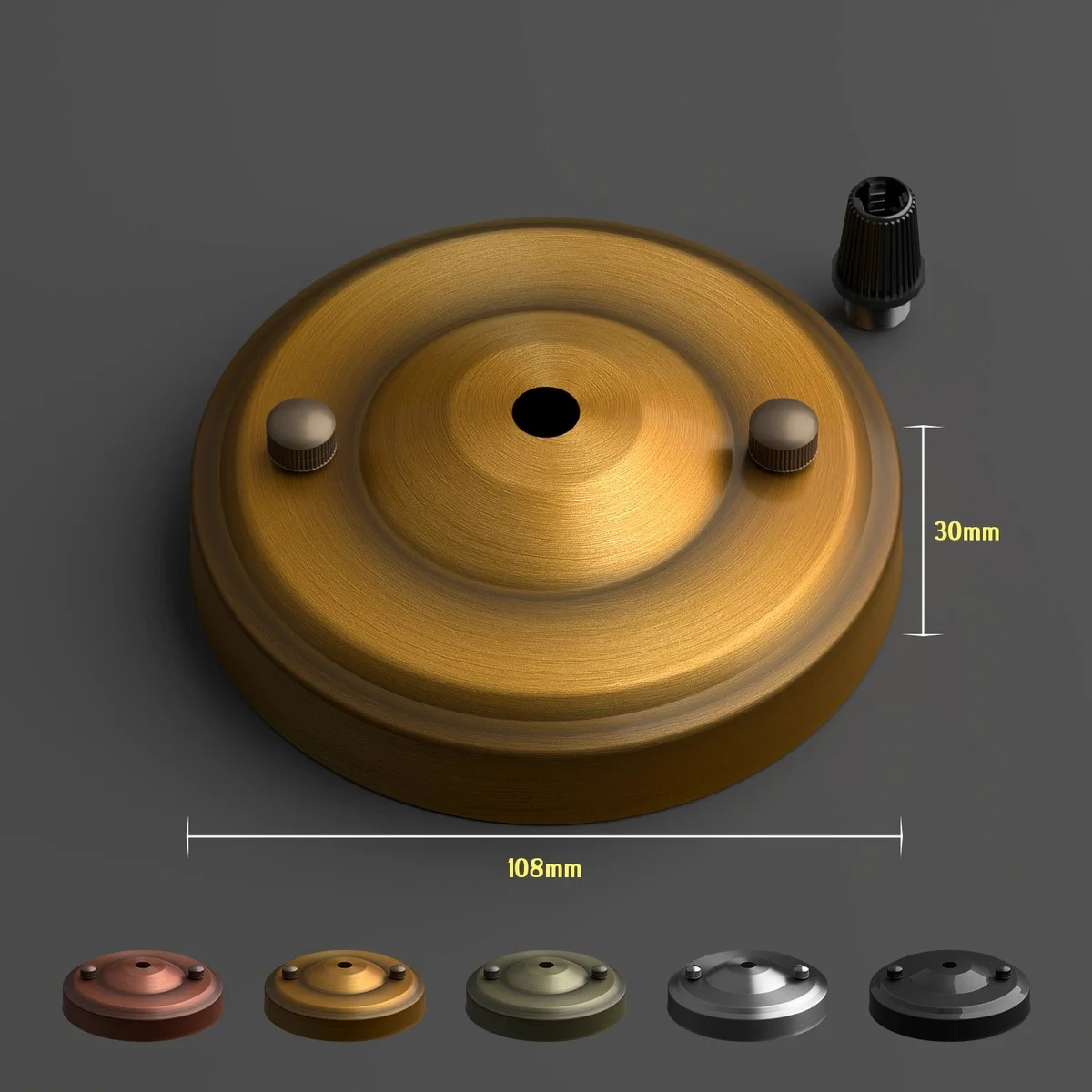 108mm metal ceiling rose for hanging chandeliers, with secure cord grip and 5kg (12lb) load capacity.