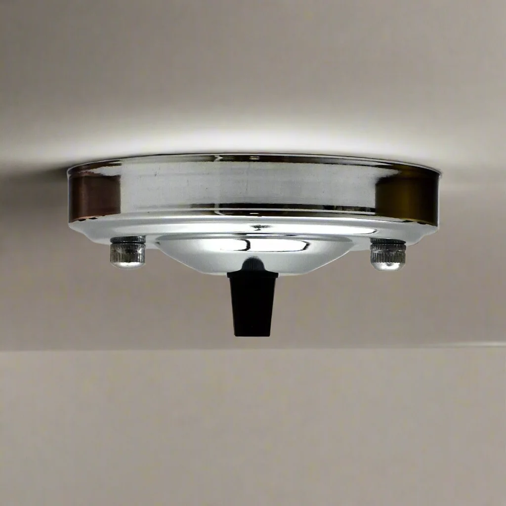 108mm metallic iron ceiling rose fitting with cord grip, riveted construction, earth tag, for chandeliers and light fittings, 5kg load capacity