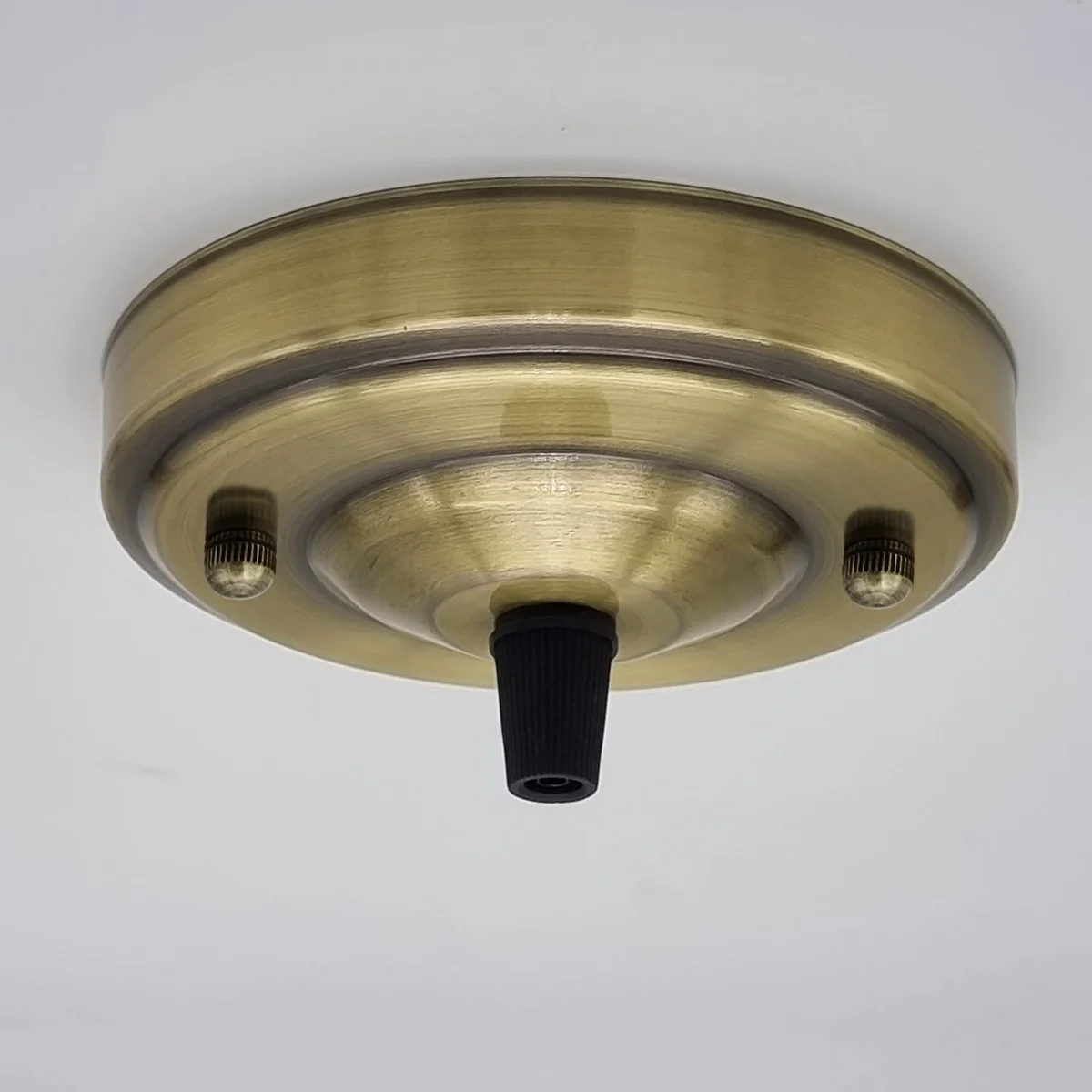 108 mm single outlet drop metal front ceiling rose with cord grip, metallic iron construction, 5 kg capacity.