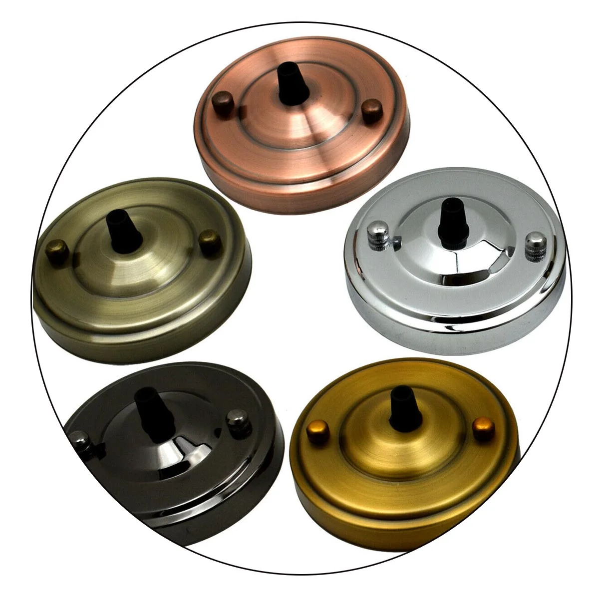 Metallic 108mm ceiling rose with cord grip, drop metal front for chandeliers, 108mm diameter, plated iron construction