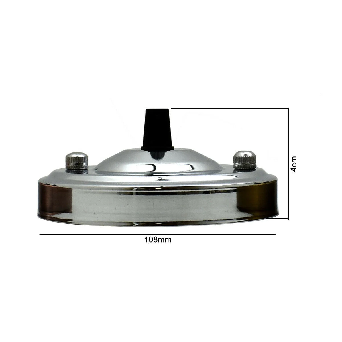 Metal ceiling rose 108mm with rounded top, central 10mm hole, cord grip loop, iron and plating, suitable for chandelier.