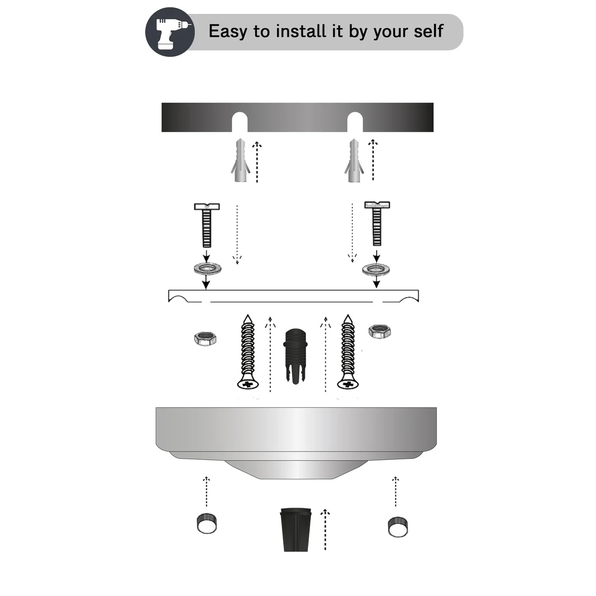 108mm metal ceiling rose with 10mm hole, cord grip, riveted construction, ideal for chandelier hanging.