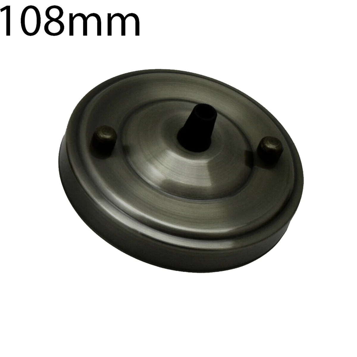 Metal ceiling rose 108mm with riveted construction, bright iron finish, 10mm centre hole, cord grip support.