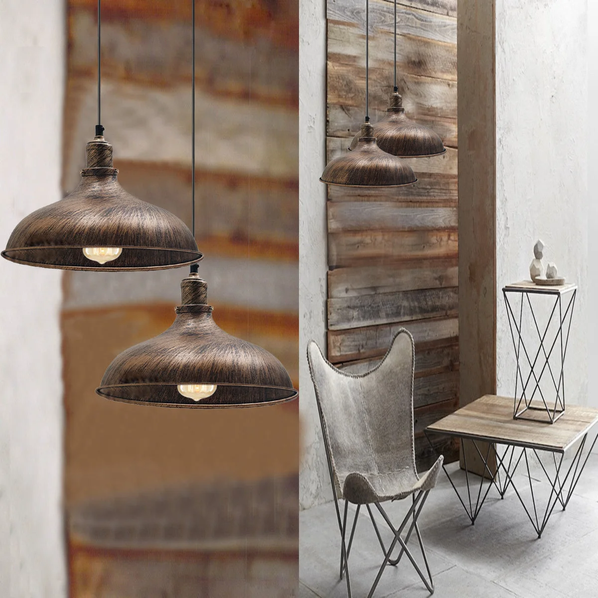 Brushed copper adjustable wire pendant light with metal dome shade hanging from a 10cm ceiling rose.