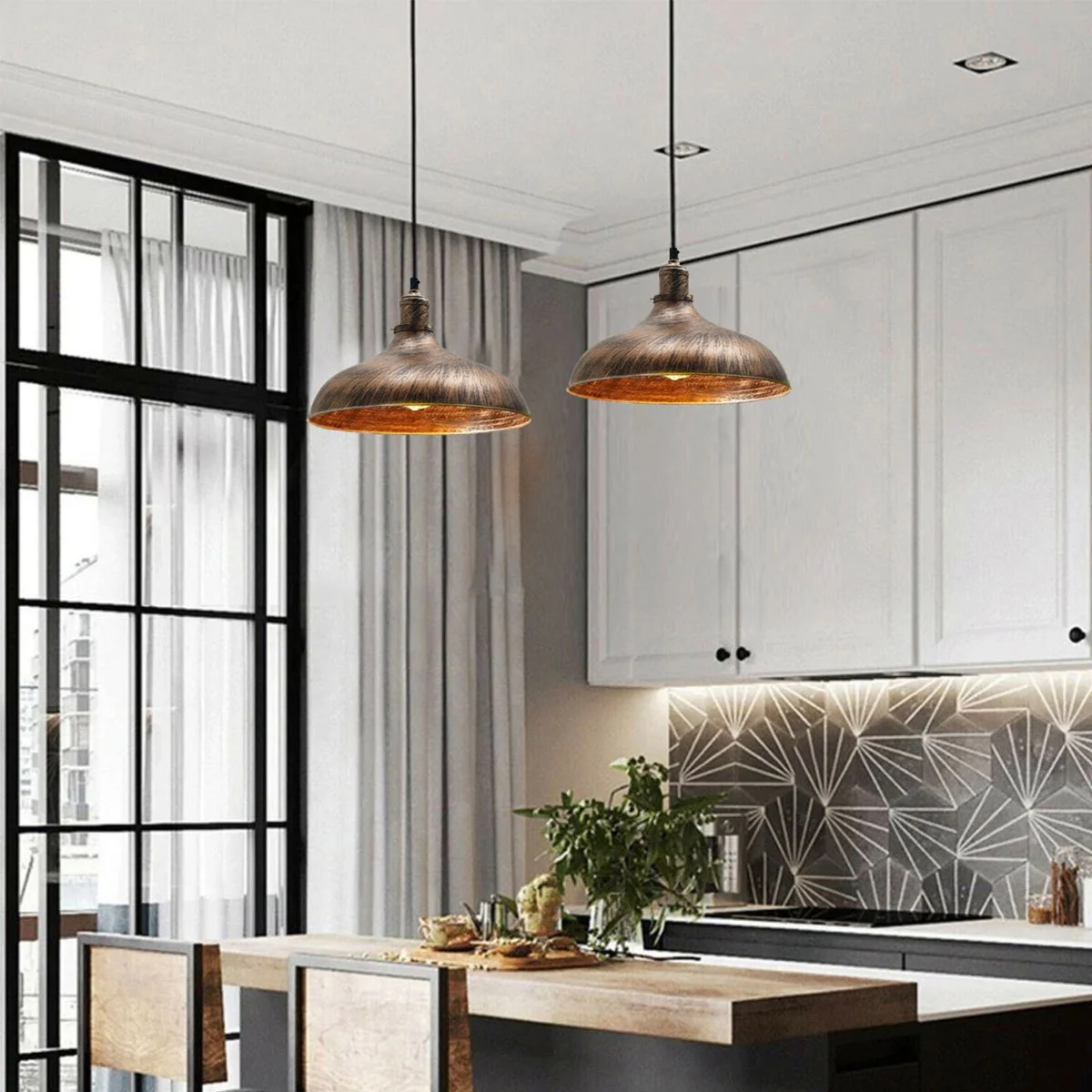Brushed copper retro pendant light with dome shade, adjustable metal wire, housing E27 bulb.