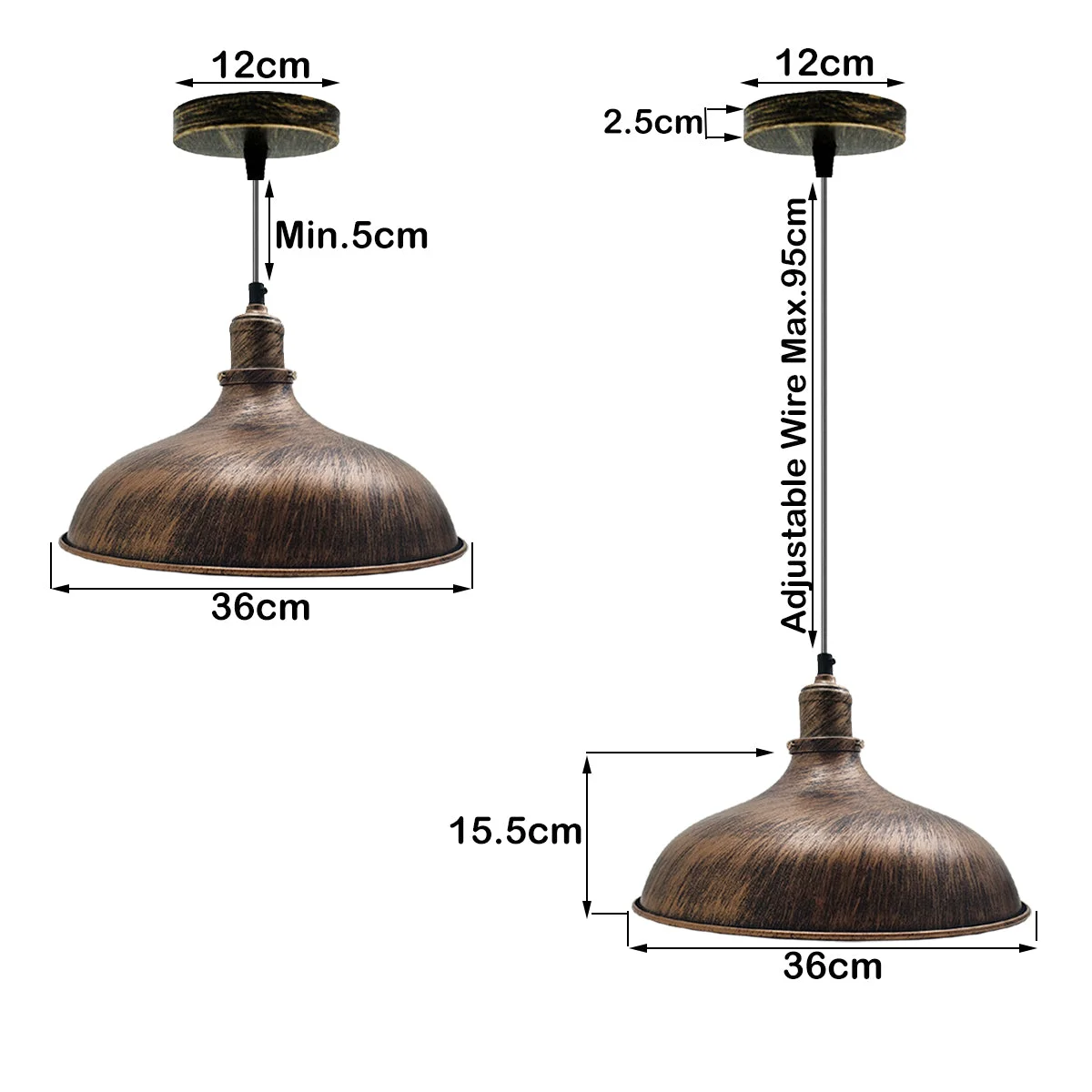 Brushed copper retro industrial pendant light with metal dome shade and adjustable cord.