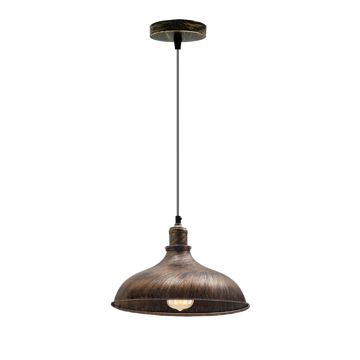 Brushed copper retro industrial pendant light, hanging from ceiling with metal dome shade
