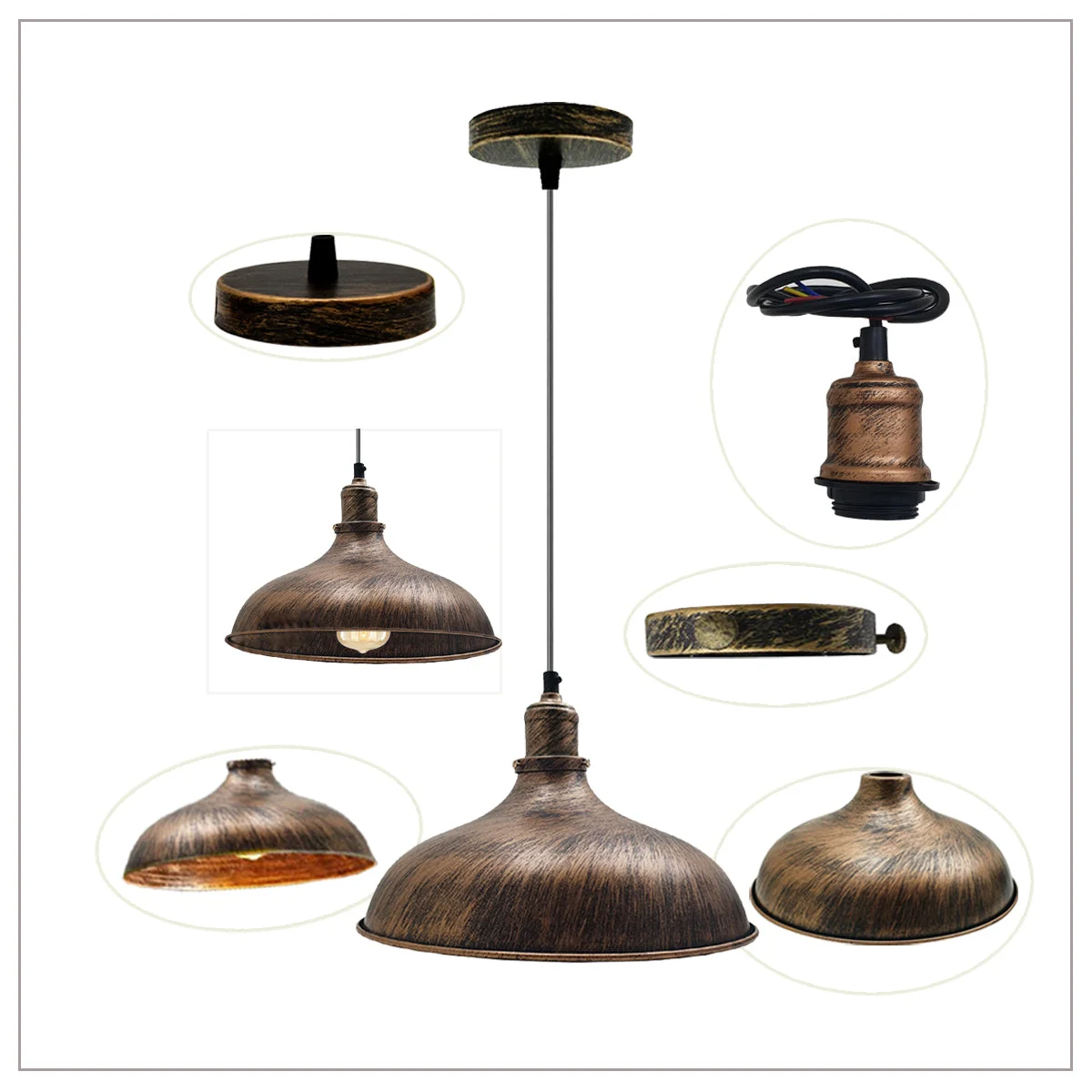 Brushed copper metal pendant light with dome shade, adjustable wire, retro industrial pendant light.