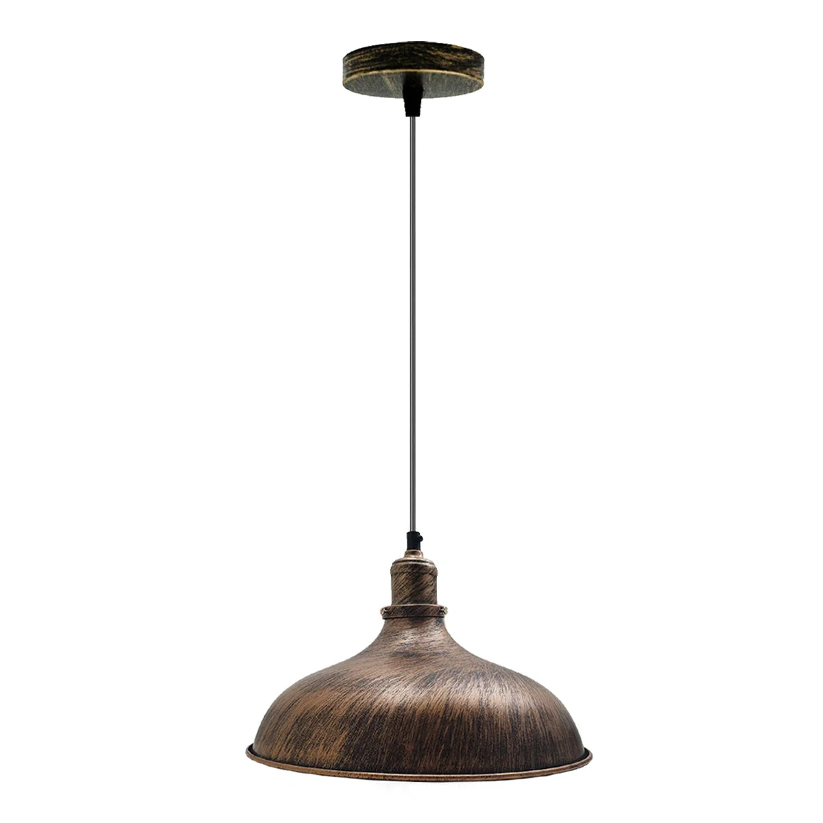 Brushed copper retro industrial pendant light with dome shade and adjustable cable, hanging from ceiling