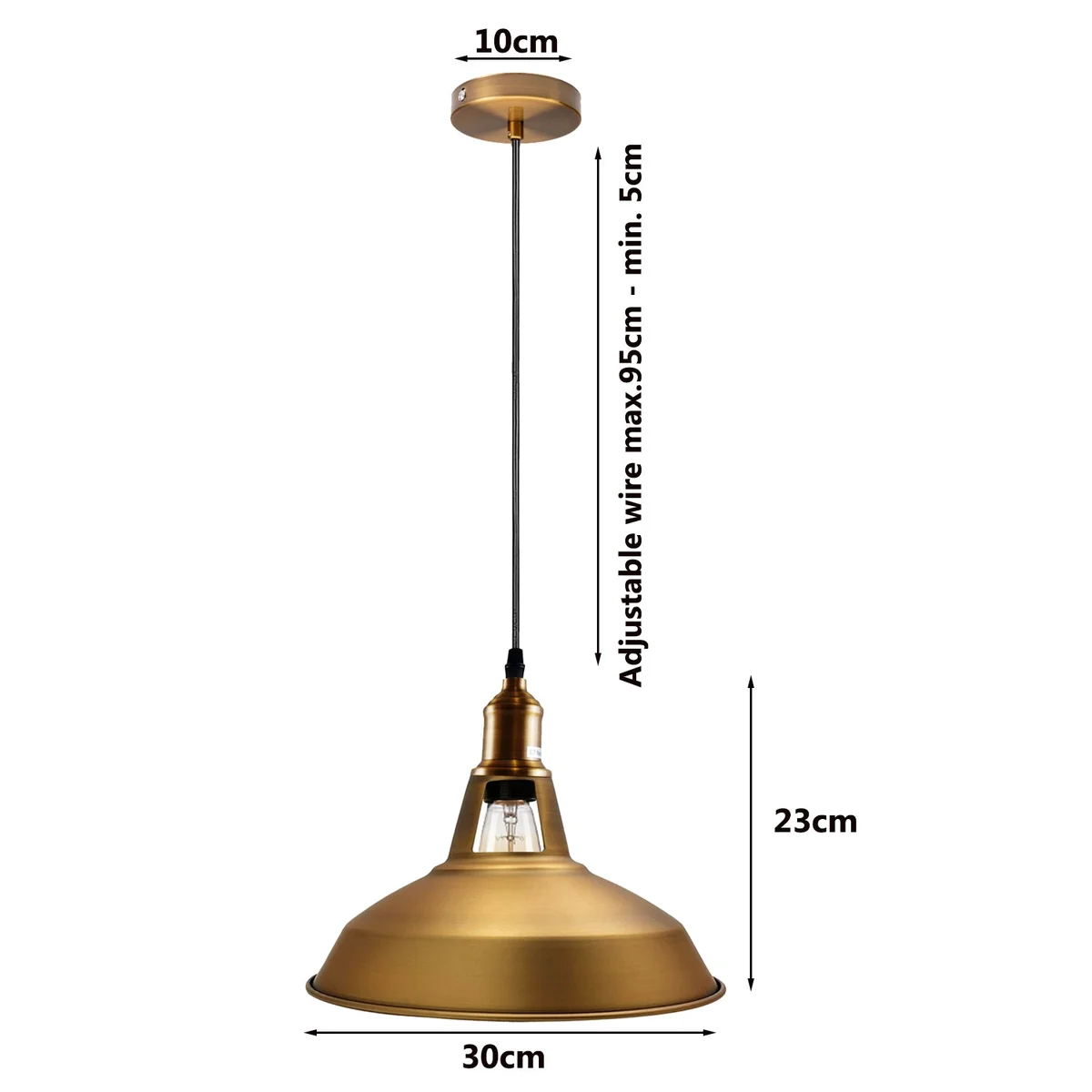 Vintage industrial pendant lamp with a yellow brass metal shade, 30 cm diameter, hanging on an adjustable 95 cm cable.