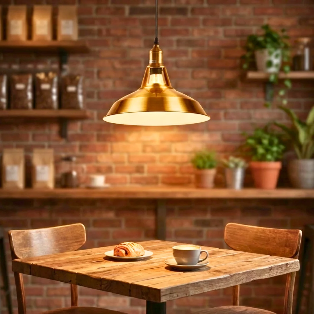 Vintage yellow brass metal ceiling light with adjustable cable, hanging from a 10cm ceiling rose.