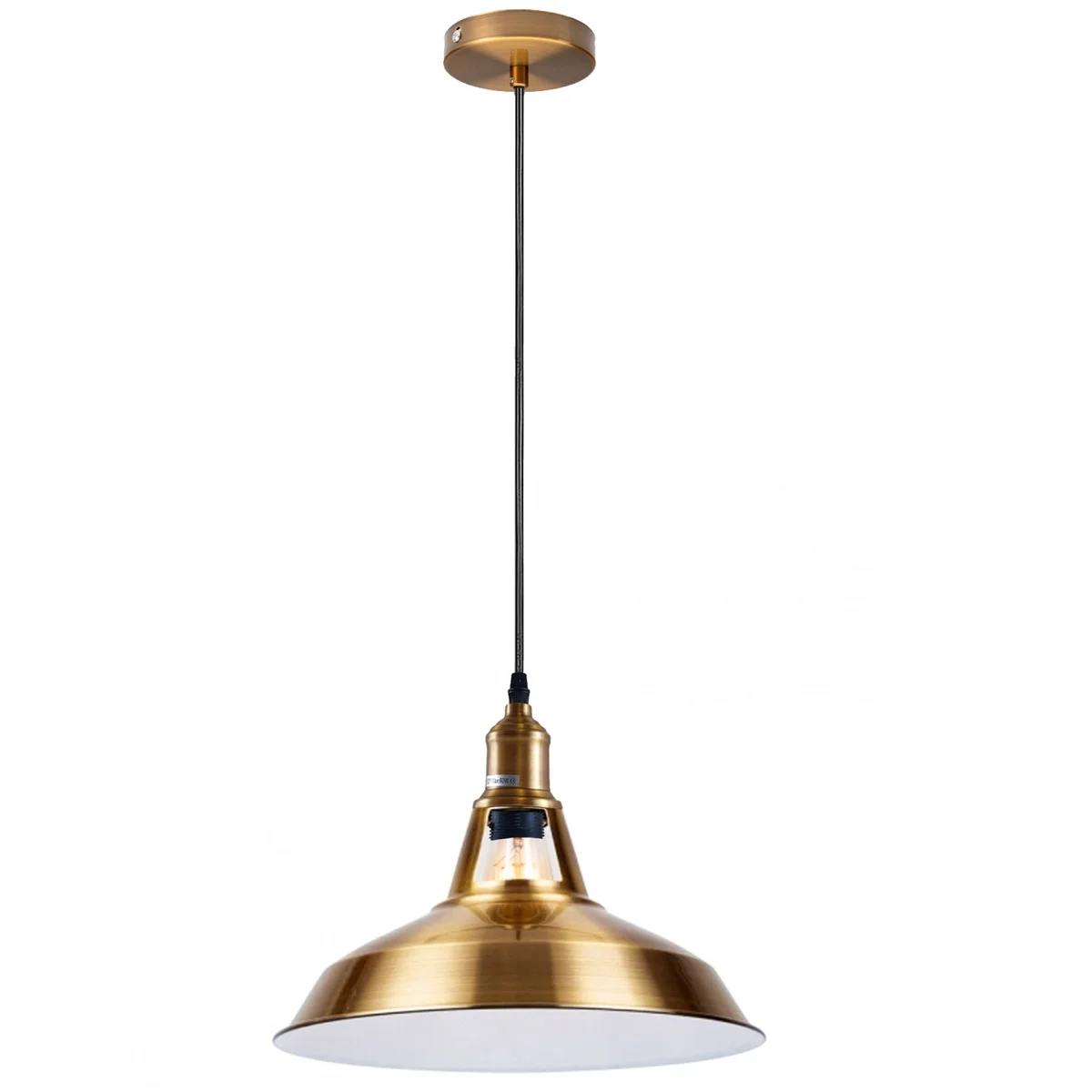 Vintage yellow brass pendant light with white antique shade, suspended by adjustable metal cable – retro pendant lighting.