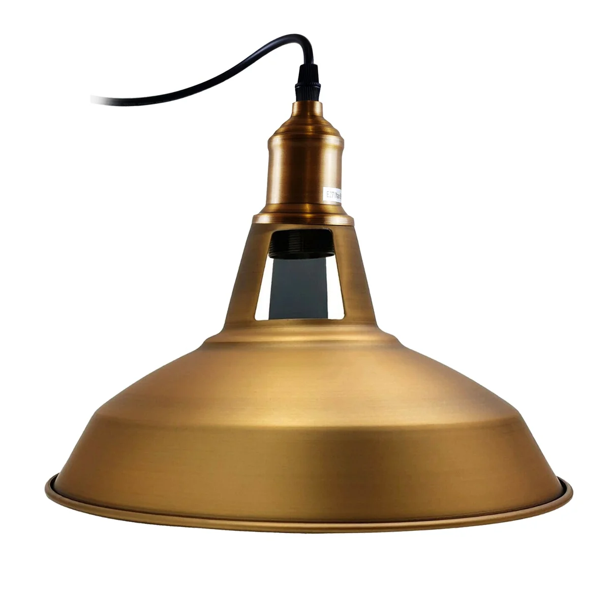 E27 bulb pendant with vintage yellow brass metal shade, adjustable 95cm cable, mounted on 10cm ceiling rose.