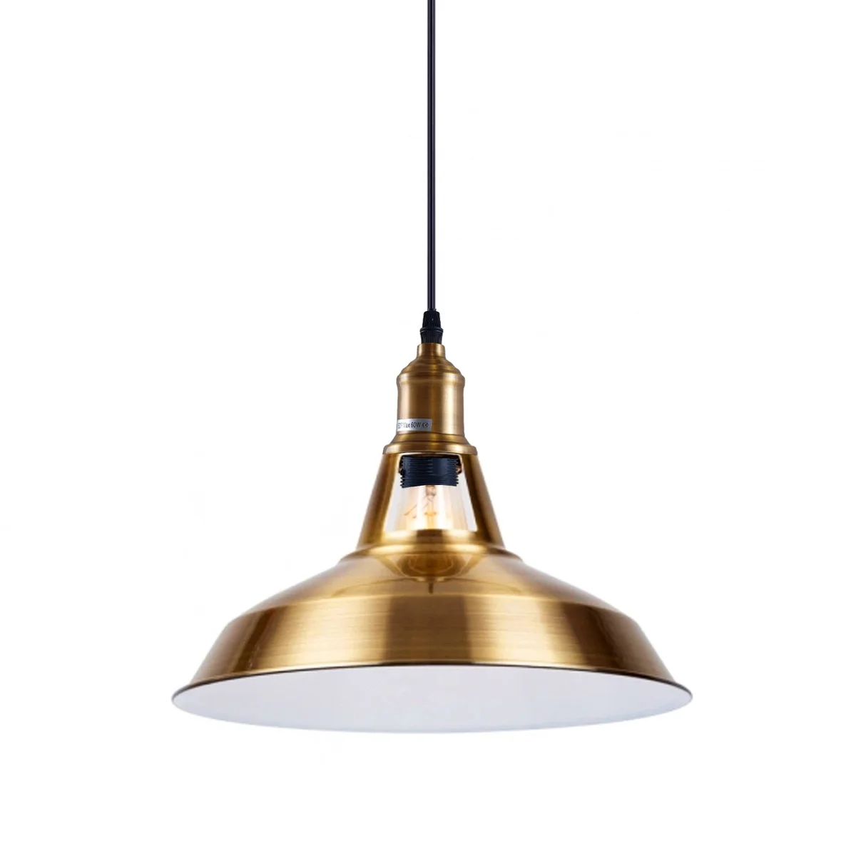 Vintage yellow brass pendant light with metal lampshade, adjustable cable, hanging from ceiling with matching rose.