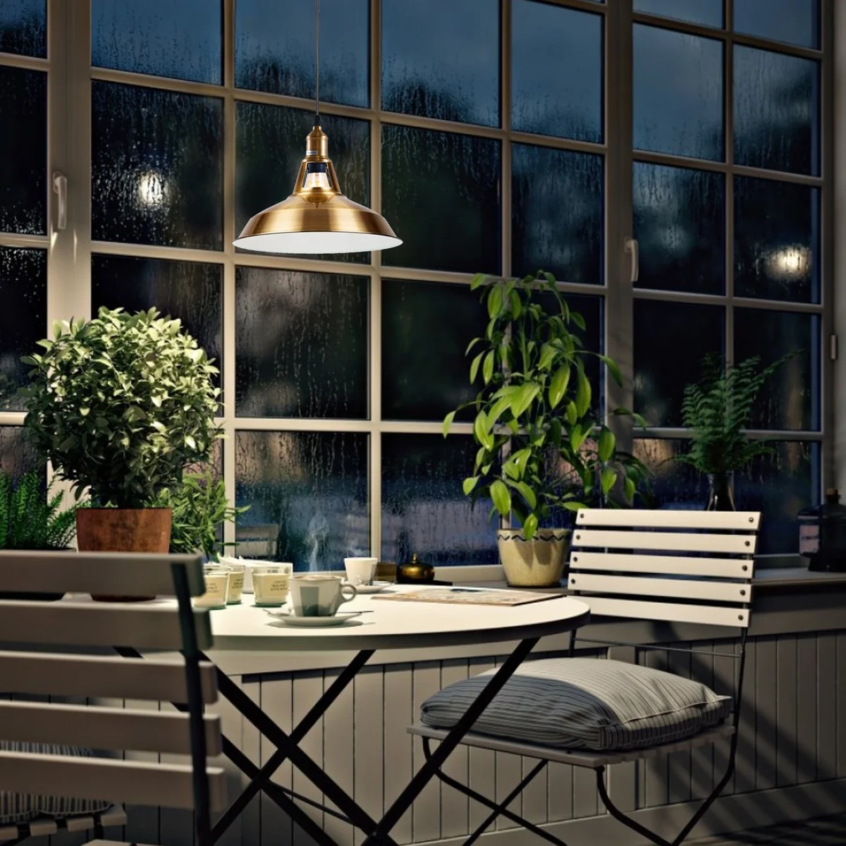 Yellow brass pendant light with 30cm metal shade, 95cm adjustable cord, E27 base, white interior.