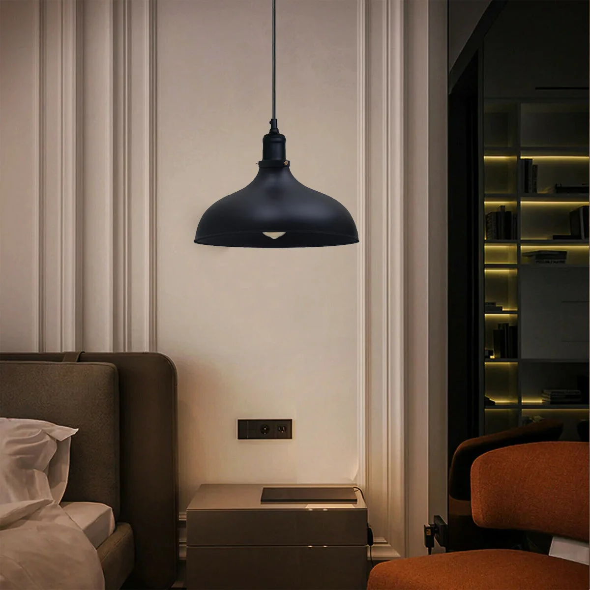 Black metal pendant ceiling light with retro industrial style, dome shade and 10cm ceiling rose.