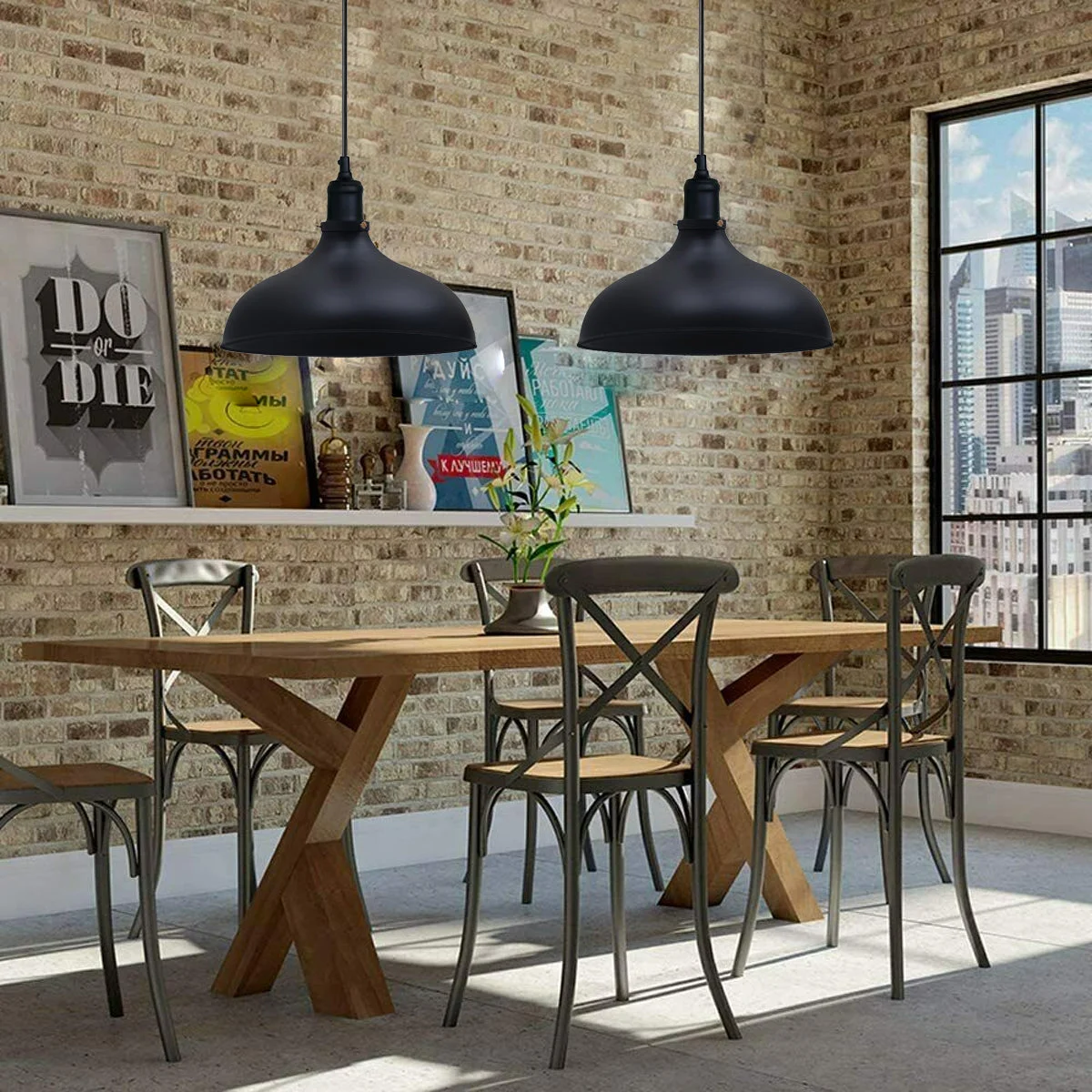 Black metal barn pendant light with dome shade and adjustable chain, a vintage style pendant light in a rustic setting.