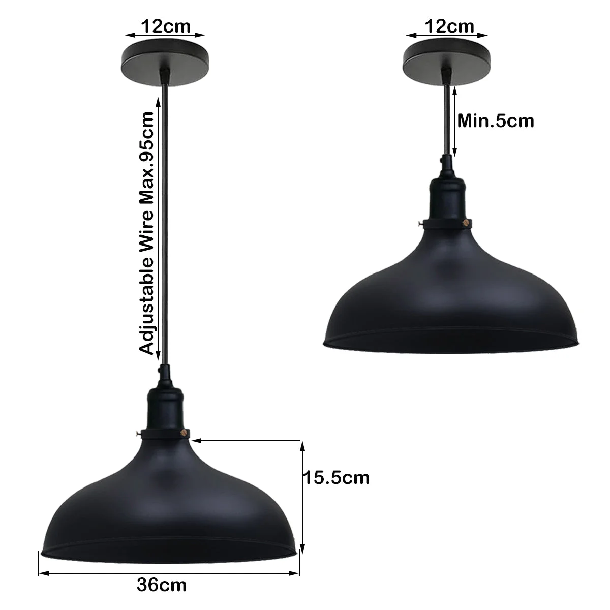Black retro industrial E27 base ceiling pendant light with metal dome shade and adjustable 95cm chain, fits kitchen or bar