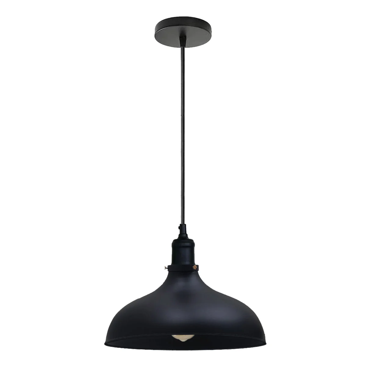 Black retro industrial indoor pendant lighting with metal lampshade and adjustable chain, hanging from a ceiling rose.