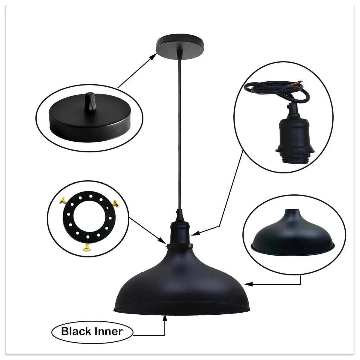 Metal barn pendant with retro industrial ceiling light dome shade, adjustable flex chain, E27 screw base
